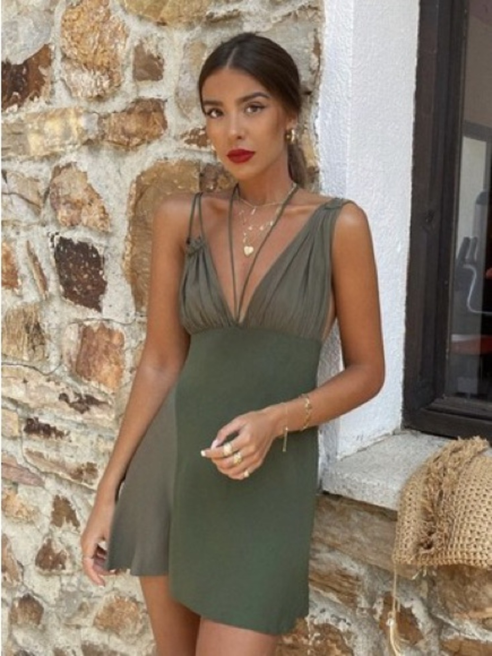 Zara Olive Green Slip Dress with Deep V Neck